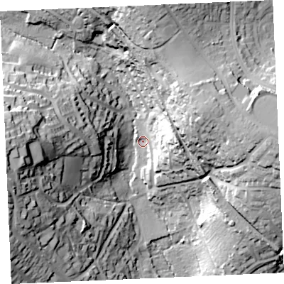 Shaded relief map of the ground around TR114AF, computed from Environment Agency LiDAR. The ground here sits at about 14 m above sea level and falls 56 m across the surrounding 800 m. Surface water reaching this point runs off ground lying to the west, 46.3 m higher.