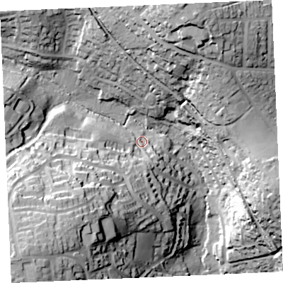 Shaded relief map of the ground around TR114AH, computed from Environment Agency LiDAR. The ground here sits at about 25 m above sea level and falls 61 m across the surrounding 800 m. Surface water reaching this point runs off ground lying to the south-west, 42.6 m higher.