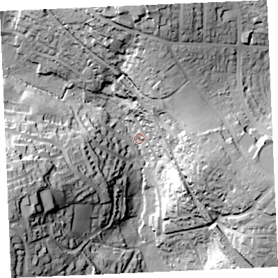 Shaded relief map of the ground around TR114AQ, computed from Environment Agency LiDAR. The ground here sits at about 19 m above sea level and falls 59 m across the surrounding 800 m. Surface water reaching this point runs off ground lying to the north, 52.3 m higher.