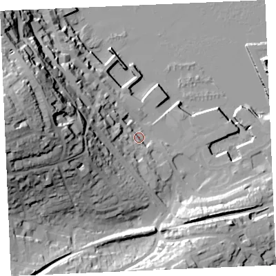 Shaded relief map of the ground around TR114AU, computed from Environment Agency LiDAR. The ground here sits at about 7 m above sea level and falls 58 m across the surrounding 800 m. Surface water reaching this point runs off ground lying to the west, 50.2 m higher.