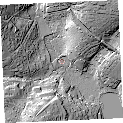 Shaded relief map of the ground around TR114GY, computed from Environment Agency LiDAR. The ground here sits at about 5 m above sea level and falls 57 m across the surrounding 800 m. Surface water reaching this point runs off ground lying to the north-north-east, 46.2 m higher.