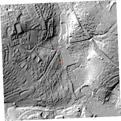 Shaded relief map of the ground around TR114HB, computed from Environment Agency LiDAR. The ground here sits at about 10 m above sea level and falls 60 m across the surrounding 800 m. Surface water reaching this point runs off ground lying to the west-north-west, 52.7 m higher.