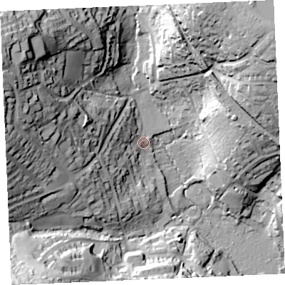 Shaded relief map of the ground around TR114JA, computed from Environment Agency LiDAR. The ground here sits at about 10 m above sea level and falls 59 m across the surrounding 800 m. Surface water reaching this point runs off ground lying to the west-north-west, 52.4 m higher.