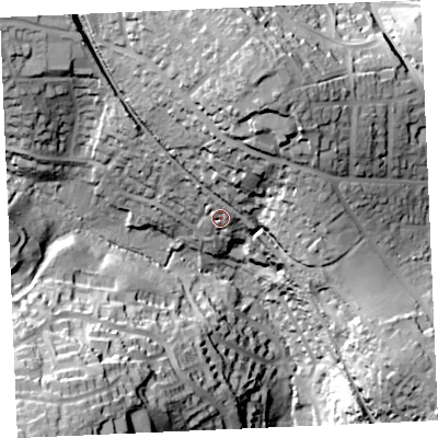 Shaded relief map of the ground around TR114JY, computed from Environment Agency LiDAR. The ground here sits at about 37 m above sea level and falls 60 m across the surrounding 800 m. Surface water reaching this point runs off ground lying to the north-north-east, 30.6 m higher.