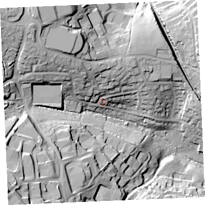 Shaded relief map of the ground around TR114LA, computed from Environment Agency LiDAR. The ground here sits at about 46 m above sea level and falls 60 m across the surrounding 800 m. Surface water reaching this point runs off ground lying to the north-west, 25.1 m higher.