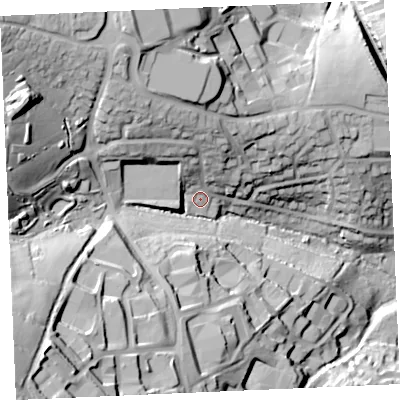 Shaded relief map of the ground around TR114LN, computed from Environment Agency LiDAR. The ground here sits at about 50 m above sea level and falls 62 m across the surrounding 800 m. Surface water reaching this point runs off ground lying to the north-west, 25.2 m higher.