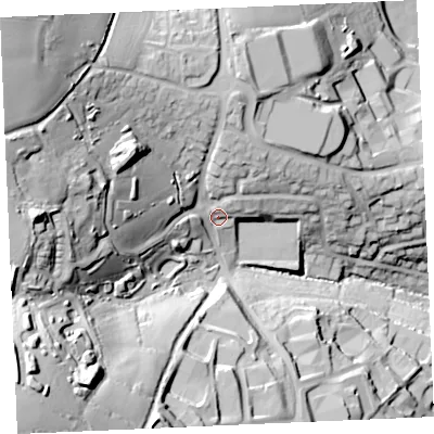 Shaded relief map of the ground around TR114PB, computed from Environment Agency LiDAR. The ground here sits at about 61 m above sea level and falls 69 m across the surrounding 800 m. Surface water reaching this point runs off ground lying to the north-west, 43.5 m higher.