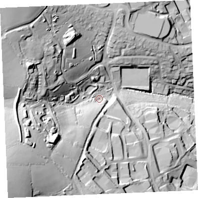 Shaded relief map of the ground around TR114SA, computed from Environment Agency LiDAR. The ground here sits at about 61 m above sea level and falls 66 m across the surrounding 800 m. Surface water reaching this point runs off ground lying to the south-west, 34.1 m higher.