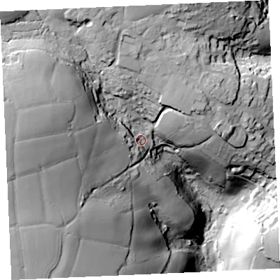 Shaded relief map of the ground around TR115AL, computed from Environment Agency LiDAR. The ground here sits at about 76 m above sea level and falls 82 m across the surrounding 800 m. Surface water reaching this point runs off ground lying to the west, 27.6 m higher.
