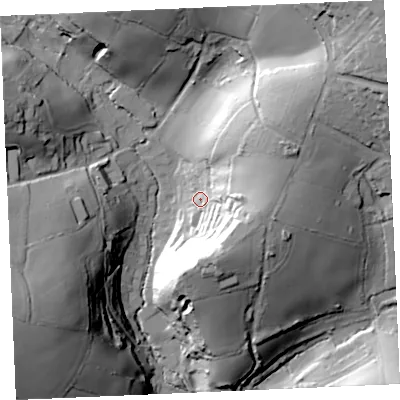 Shaded relief map of the ground around TR115BJ, computed from Environment Agency LiDAR. The ground here sits at about 20 m above sea level and falls 56 m across the surrounding 800 m. Surface water reaching this point runs off ground lying to the south-south-east, 30.1 m higher.