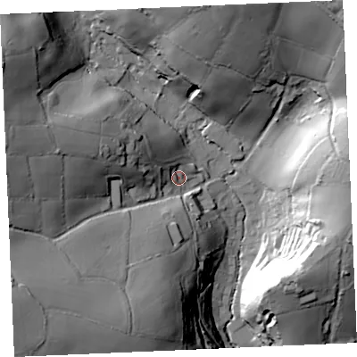 Shaded relief map of the ground around TR115BL, computed from Environment Agency LiDAR. The ground here sits at about 22 m above sea level and falls 65 m across the surrounding 800 m. Surface water reaching this point runs off ground lying to the south-west, 50.0 m higher.