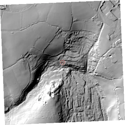 Shaded relief map of the ground around TR115DJ, computed from Environment Agency LiDAR. The ground here sits at about 63 m above sea level and falls 80 m across the surrounding 800 m. Surface water reaching this point runs off ground lying to the north, 12.5 m higher.