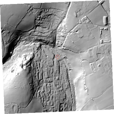 Shaded relief map of the ground around TR115DL, computed from Environment Agency LiDAR. The ground here sits at about 45 m above sea level and falls 77 m across the surrounding 800 m. Surface water reaching this point runs off ground lying to the north-west, 64.6 m higher.