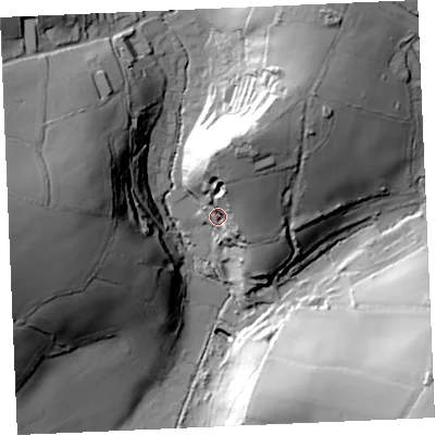Shaded relief map of the ground around TR115HJ, computed from Environment Agency LiDAR. The ground here sits at about 18 m above sea level and falls 59 m across the surrounding 800 m. Surface water reaching this point runs off ground lying to the north-north-east, 37.5 m higher.