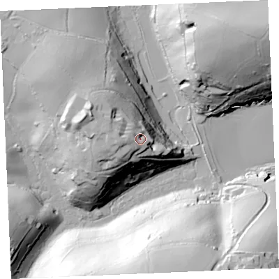 Shaded relief map of the ground around TR115HN, computed from Environment Agency LiDAR. The ground here sits at about 38 m above sea level and falls 65 m across the surrounding 800 m. Surface water reaching this point runs off ground lying to the west, 12.5 m higher.