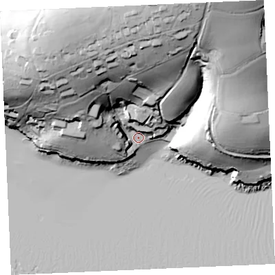 Shaded relief map of the ground around TR115LB, computed from Environment Agency LiDAR. The ground here sits at about 4 m above sea level and falls 68 m across the surrounding 800 m. Surface water reaching this point runs off ground lying to the north, 62.3 m higher.