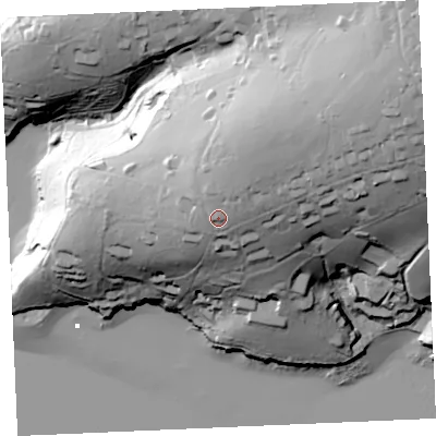 Shaded relief map of the ground around TR115LF, computed from Environment Agency LiDAR. The ground here sits at about 48 m above sea level and falls 72 m across the surrounding 800 m. Surface water reaching this point runs off ground lying to the north-north-east, 11.8 m higher.