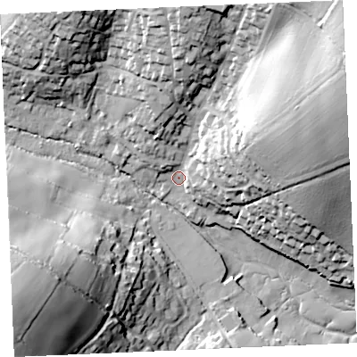 Shaded relief map of the ground around TR115ND, computed from Environment Agency LiDAR. The ground here sits at about 5 m above sea level and falls 52 m across the surrounding 800 m. Surface water reaching this point runs off ground lying to the north-east, 45.2 m higher.