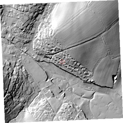 Shaded relief map of the ground around TR115NE, computed from Environment Agency LiDAR. The ground here sits at about 10 m above sea level and falls 55 m across the surrounding 800 m. Surface water reaching this point runs off ground lying to the north-north-east, 25.0 m higher.