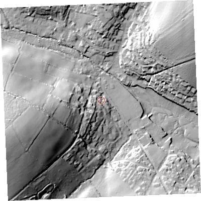 Shaded relief map of the ground around TR115NG, computed from Environment Agency LiDAR. The ground here sits at about 9 m above sea level and falls 54 m across the surrounding 800 m. Surface water reaching this point runs off ground lying to the west-south-west, 27.6 m higher.