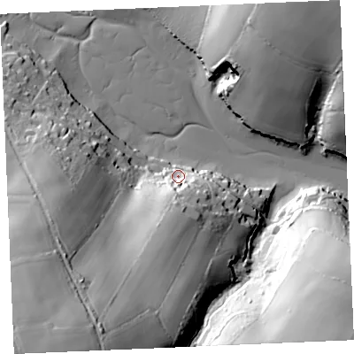Shaded relief map of the ground around TR115NL, computed from Environment Agency LiDAR. The ground here sits at about 8 m above sea level and falls 75 m across the surrounding 800 m. Surface water reaching this point runs off ground lying to the south, 25.3 m higher.