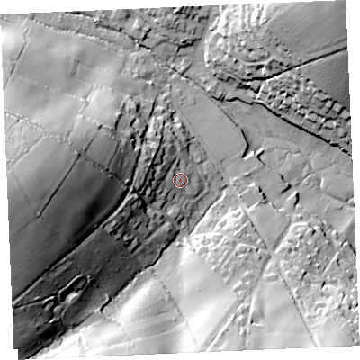 Shaded relief map of the ground around TR115NQ, computed from Environment Agency LiDAR. The ground here sits at about 11 m above sea level and falls 54 m across the surrounding 800 m. Surface water reaching this point runs off ground lying to the west, 11.5 m higher.