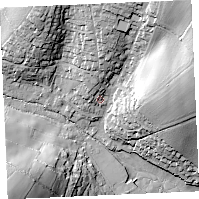 Shaded relief map of the ground around TR115NR, computed from Environment Agency LiDAR. The ground here sits at about 12 m above sea level and falls 56 m across the surrounding 800 m. Surface water reaching this point runs off ground lying to the north, 9.1 m higher.