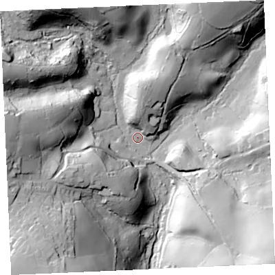 Shaded relief map of the ground around TR115PX, computed from Environment Agency LiDAR. The ground here sits at about 31 m above sea level and falls 61 m across the surrounding 800 m. Surface water reaching this point runs off ground lying to the west, 53.3 m higher.
