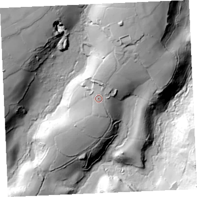 Shaded relief map of the ground around TR115PY, computed from Environment Agency LiDAR. The ground here sits at about 82 m above sea level and falls 87 m across the surrounding 800 m. Surface water reaching this point runs off ground lying to the north, 2.2 m higher.