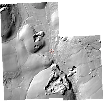 Shaded relief map of the ground around TR115QD, computed from Environment Agency LiDAR. The ground here sits at about 102 m above sea level and falls 61 m across the surrounding 800 m. Surface water reaching this point runs off ground lying to the north-west, 49.4 m higher.