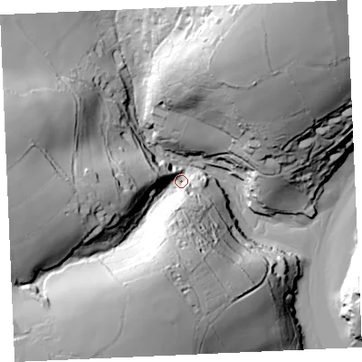 Shaded relief map of the ground around TR115RJ, computed from Environment Agency LiDAR. The ground here sits at about 8 m above sea level and falls 70 m across the surrounding 800 m. Surface water reaching this point runs off ground lying to the west, 62.1 m higher.