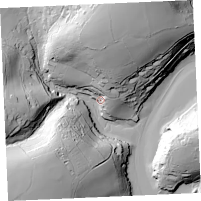Shaded relief map of the ground around TR115RY, computed from Environment Agency LiDAR. The ground here sits at about 8 m above sea level and falls 68 m across the surrounding 800 m. Surface water reaching this point runs off ground lying to the north, 57.5 m higher.