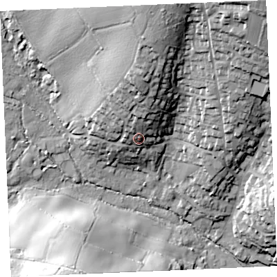 Shaded relief map of the ground around TR115SE, computed from Environment Agency LiDAR. The ground here sits at about 22 m above sea level and falls 56 m across the surrounding 800 m. Surface water reaching this point runs off ground lying to the north, 20.2 m higher.