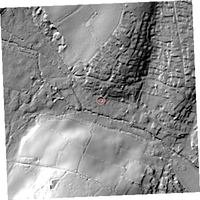 Shaded relief map of the ground around TR115SG, computed from Environment Agency LiDAR. The ground here sits at about 8 m above sea level and falls 47 m across the surrounding 800 m. Surface water reaching this point runs off ground lying to the north-north-east, 30.1 m higher.