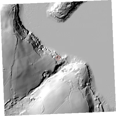 Shaded relief map of the ground around TR115SS, computed from Environment Agency LiDAR. The ground here sits at about 6 m above sea level and falls 74 m across the surrounding 800 m. Surface water reaching this point runs off ground lying to the west, 70.1 m higher.