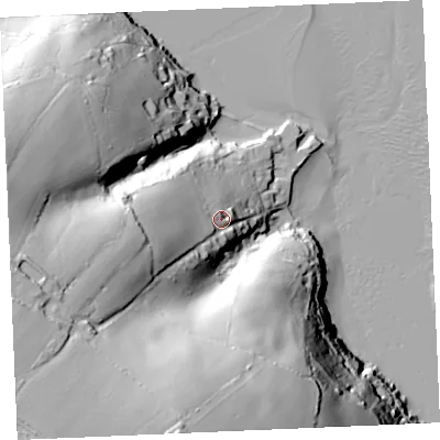 Shaded relief map of the ground around TR115ST, computed from Environment Agency LiDAR. The ground here sits at about 25 m above sea level and falls 83 m across the surrounding 800 m. Surface water reaching this point runs off ground lying to the west-south-west, 44.2 m higher.
