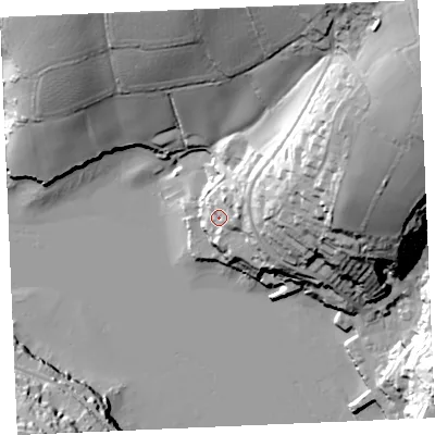 Shaded relief map of the ground around TR115TJ, computed from Environment Agency LiDAR. The ground here sits at about 11 m above sea level and falls 62 m across the surrounding 800 m. Surface water reaching this point runs off ground lying to the east-north-east, 13.6 m higher.
