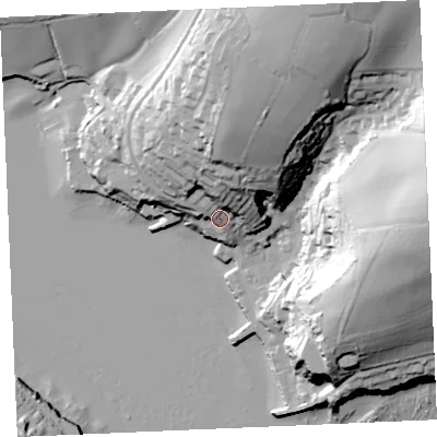 Shaded relief map of the ground around TR115TP, computed from Environment Agency LiDAR. The ground here sits at about 14 m above sea level and falls 64 m across the surrounding 800 m. Surface water reaching this point runs off ground lying to the north, 41.4 m higher.
