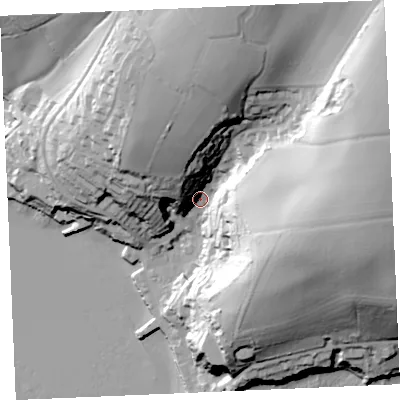 Shaded relief map of the ground around TR115TR, computed from Environment Agency LiDAR. The ground here sits at about 10 m above sea level and falls 70 m across the surrounding 800 m. Surface water reaching this point runs off ground lying to the east-north-east, 58.8 m higher.