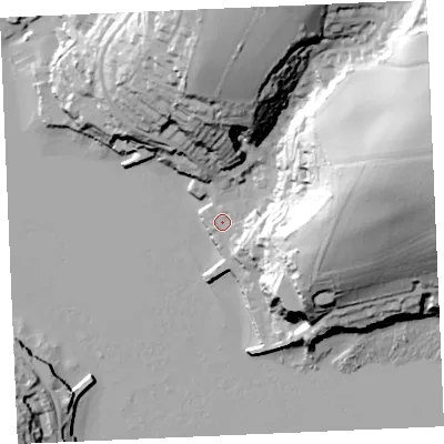 Shaded relief map of the ground around TR115TY, computed from Environment Agency LiDAR. The ground here sits at about 3 m above sea level and falls 67 m across the surrounding 800 m. Surface water reaching this point runs off ground lying to the east-south-east, 26.9 m higher.