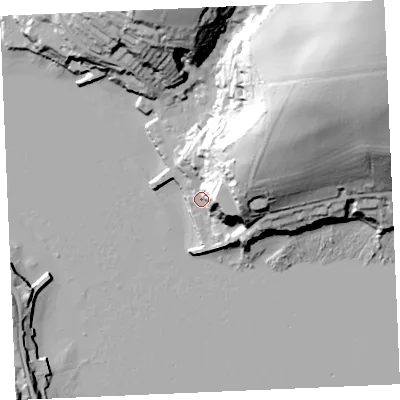 Shaded relief map of the ground around TR115TZ, computed from Environment Agency LiDAR. The ground here sits at about 4 m above sea level and falls 69 m across the surrounding 800 m. Surface water reaching this point runs off ground lying to the north-east, 33.7 m higher.