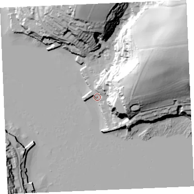 Shaded relief map of the ground around TR115UA, computed from Environment Agency LiDAR. The ground here sits at about 3 m above sea level and falls 68 m across the surrounding 800 m. Surface water reaching this point runs off ground lying to the east-north-east, 43.9 m higher.