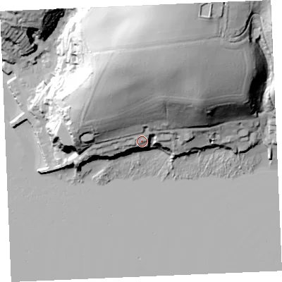 Shaded relief map of the ground around TR115UB, computed from Environment Agency LiDAR. The ground here sits at about 18 m above sea level and falls 69 m across the surrounding 800 m. Surface water reaching this point runs off ground lying to the north, 56.4 m higher.