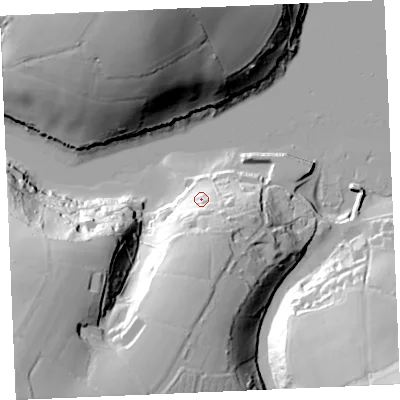 Shaded relief map of the ground around TR115UE, computed from Environment Agency LiDAR. The ground here sits at about 13 m above sea level and falls 62 m across the surrounding 800 m. Surface water reaching this point runs off ground lying to the south-south-west, 38.9 m higher.
