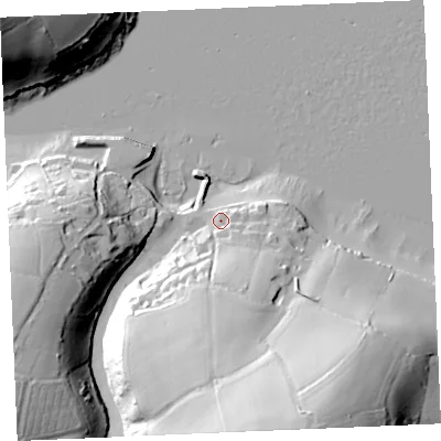 Shaded relief map of the ground around TR115UF, computed from Environment Agency LiDAR. The ground here sits at about 5 m above sea level and falls 57 m across the surrounding 800 m. Surface water reaching this point runs off ground lying to the south, 47.3 m higher.