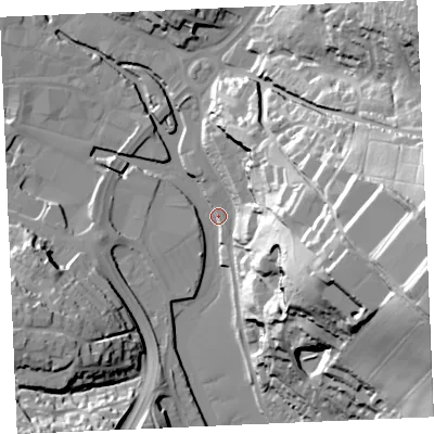 Shaded relief map of the ground around TR11DH, computed from Environment Agency LiDAR. The ground here sits at about 4 m above sea level and falls 65 m across the surrounding 800 m. Surface water reaching this point runs off ground lying to the east-south-east, 65.2 m higher.