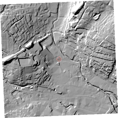 Shaded relief map of the ground around TR11DT, computed from Environment Agency LiDAR. The ground here sits at about 5 m above sea level and falls 42 m across the surrounding 800 m. Surface water reaching this point runs off ground lying to the west, 23.8 m higher.
