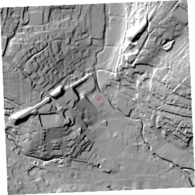 Shaded relief map of the ground around TR11DW, computed from Environment Agency LiDAR. The ground here sits at about 6 m above sea level and falls 45 m across the surrounding 800 m. Surface water reaching this point runs off ground lying to the west-north-west, 35.4 m higher.