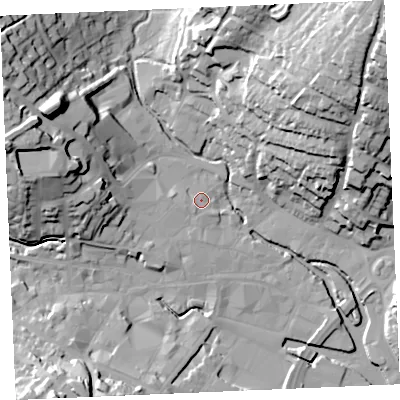 Shaded relief map of the ground around TR11EP, computed from Environment Agency LiDAR. The ground here sits at about 5 m above sea level and falls 44 m across the surrounding 800 m. Surface water reaching this point runs off ground lying to the west, 6.1 m higher.