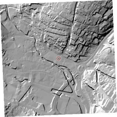 Shaded relief map of the ground around TR11ER, computed from Environment Agency LiDAR. The ground here sits at about 4 m above sea level and falls 49 m across the surrounding 800 m. Surface water reaching this point runs off ground lying to the north-north-east, 41.3 m higher.